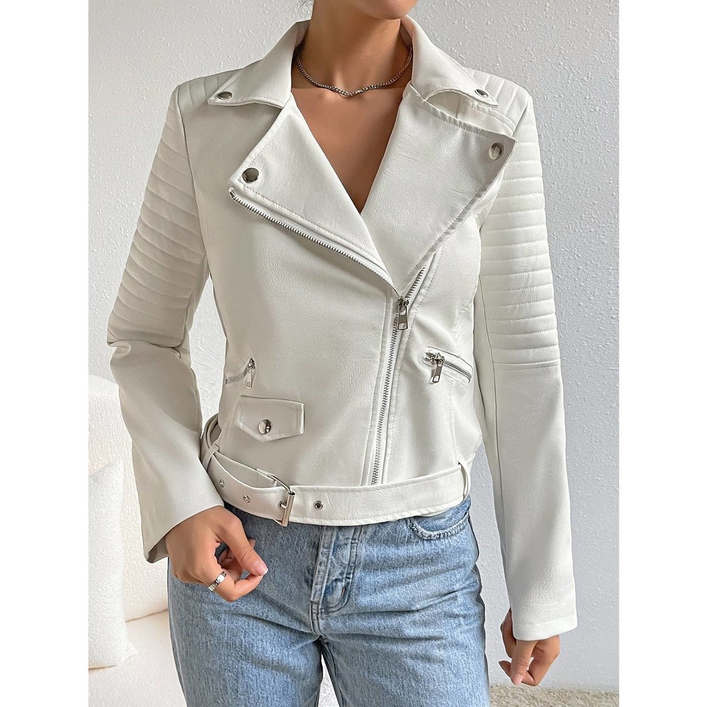 Lapel Collar Belted Zip Up vegan leather Moto Jacket white - Picture 2 of 11